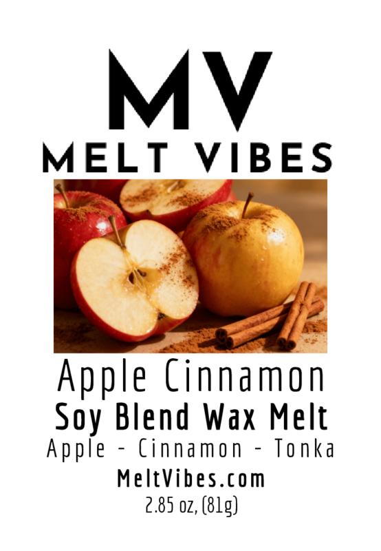 Apples and cinnamon sticks with text: "MV Melt Vibes Apple Cinnamon Soy Blend Wax Melt, 2.85 oz."