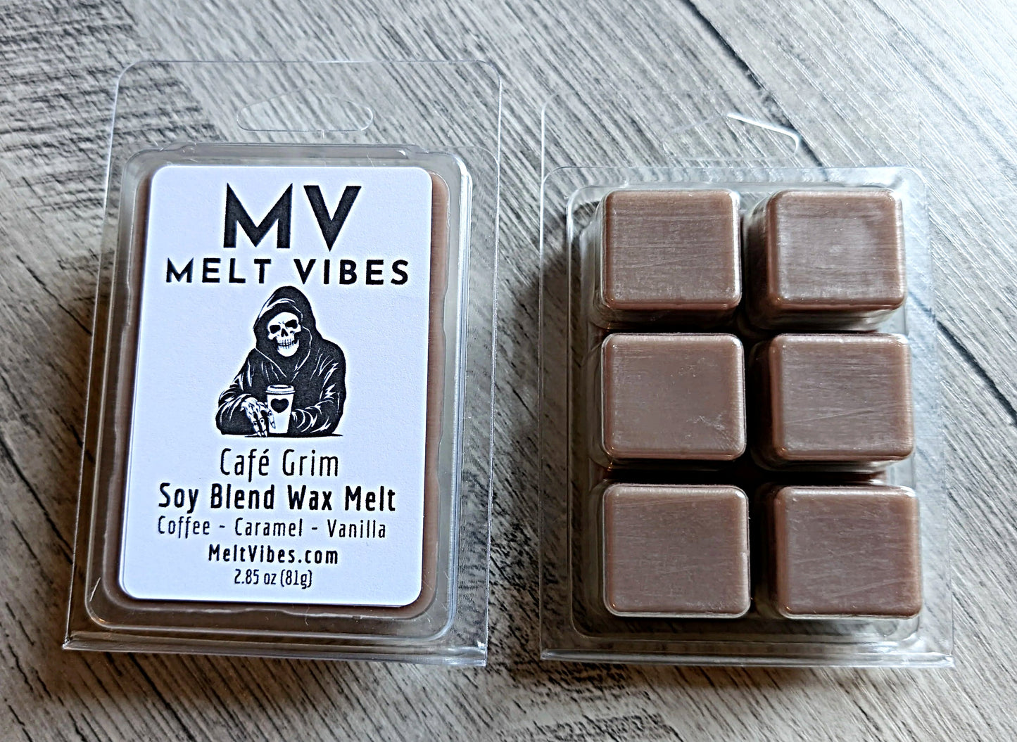 Melt Vibes wax melts packaging with six brown wax cubes on a wooden surface
