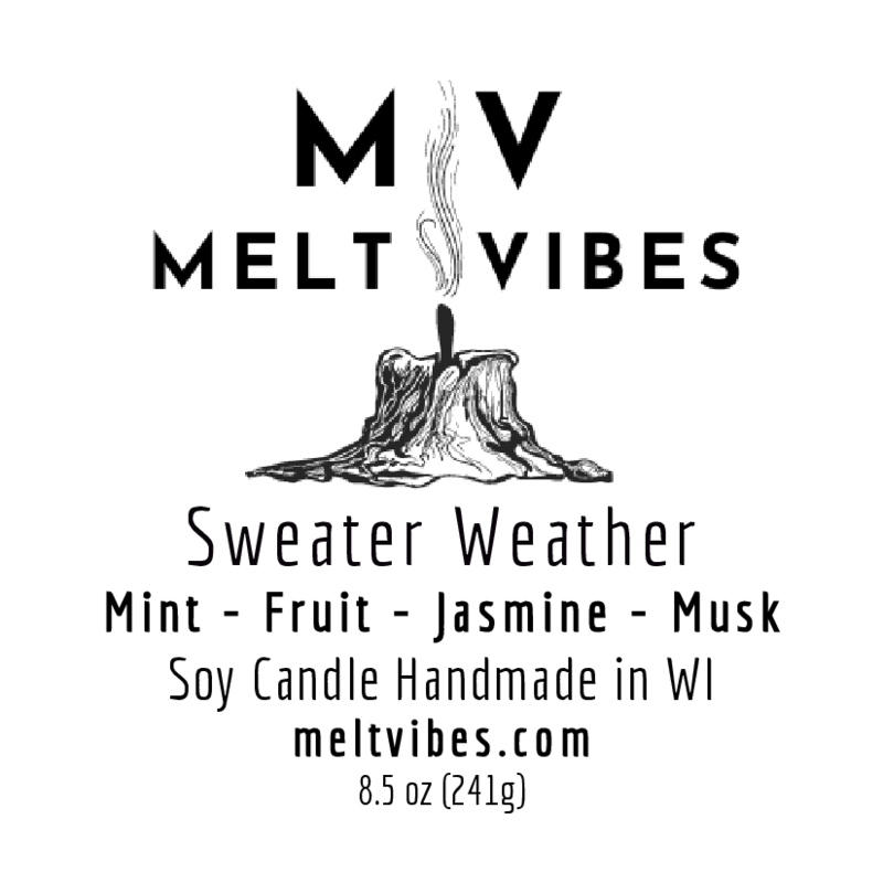 Illustration of a melting candle with text, "Melt Vibes, Sweater Weather, Mint, Fruit, Jasmine, Musk."
