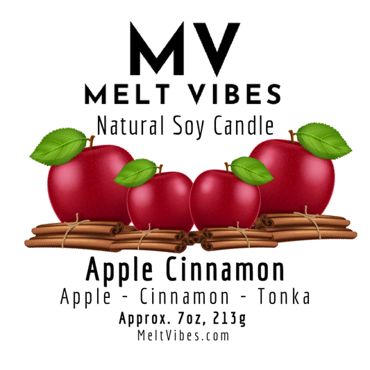 Red apples and cinnamon sticks below "Melt Vibes" soy candle label. Text: "Apple Cinnamon."