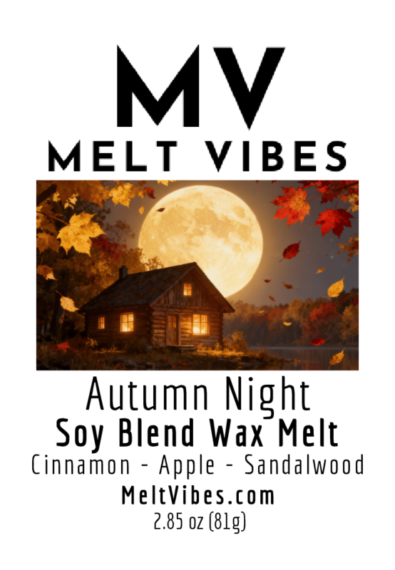 Cozy cabin under a full moon with falling autumn leaves; text about wax melt scent.