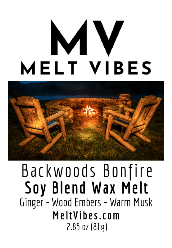 Chairs around a bonfire at night with "Melt Vibes" text above and product details below.