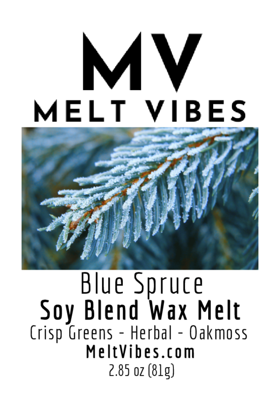 Close-up of frosted blue spruce branch with text: "MV Melt Vibes, Blue Spruce Soy Blend Wax Melt."