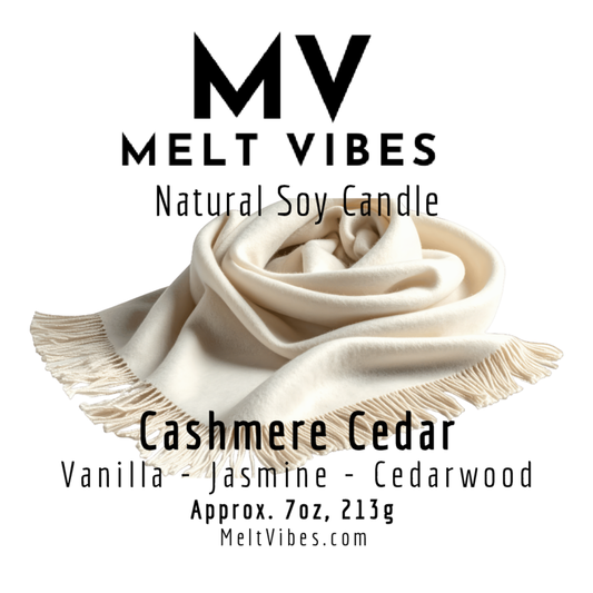Text overlay on draped beige fabric; reads "Melt Vibes, Cashmere Cedar, Vanilla, Jasmine, Cedarwood."