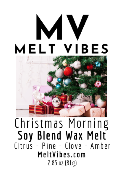 Christmas tree with colorful ornaments and gifts; text: "MV Melt Vibes, Christmas Morning Wax Melt."