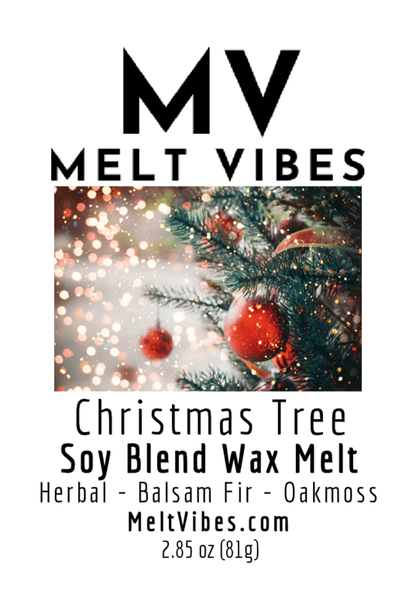 Christmas tree branch with red ornament; text: "MV Melt Vibes, Christmas Tree Soy Blend Wax Melt."