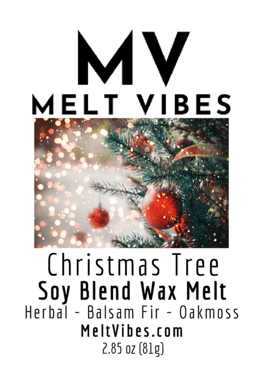 Christmas tree branch with red ornament; text: "MV Melt Vibes, Christmas Tree Soy Blend Wax Melt."