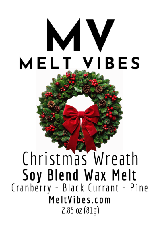 Christmas wreath with red bow and berries on a white background; "MV Melt Vibes" text above.