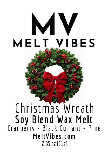 Christmas wreath with red bow and berries on a white background; "MV Melt Vibes" text above.