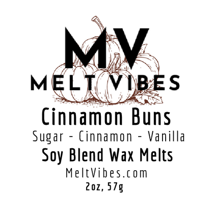 Black text and pumpkin sketch on white; reads "Melt Vibes Cinnamon Buns Soy Blend Wax Melts."