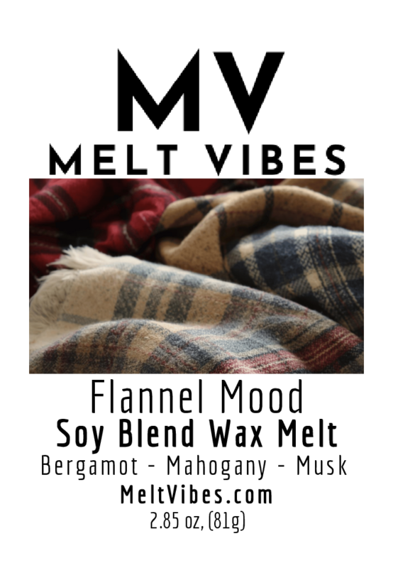 Plaid flannel fabric in warm colors, text reads: MV Melt Vibes, Flannel Mood Soy Blend Wax Melt.