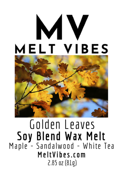 "Golden leaves on branches with sunlight; text reads 'Melt Vibes Golden Leaves Soy Blend Wax Melt'."