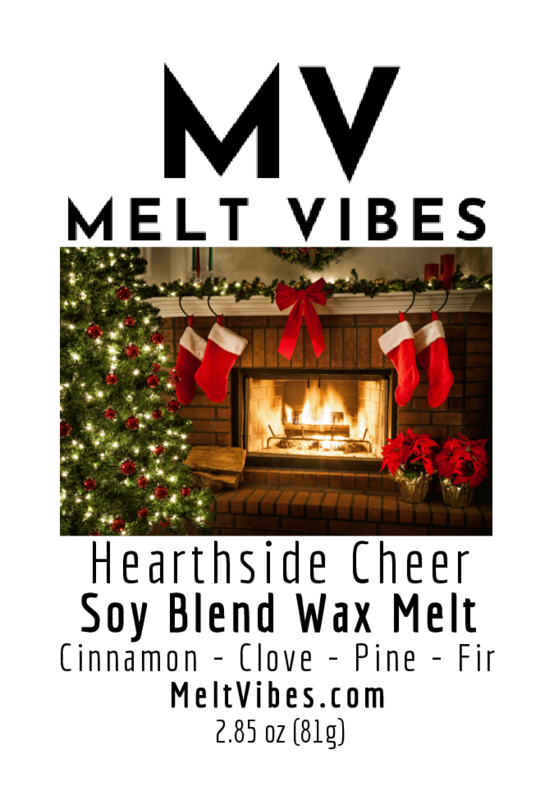 Lit fireplace, Christmas tree, red stockings, and poinsettias; text: "Melt Vibes Hearthside Cheer."
