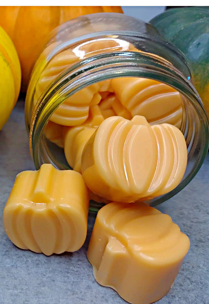 Jar of MV Melt Vibes Pumpkin Spice Latte wax melts with pumpkins in the background.