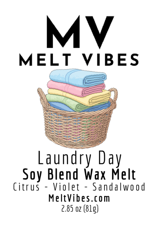 Basket of folded laundry with "MV Melt Vibes" text, mentioning citrus, violet, sandalwood.