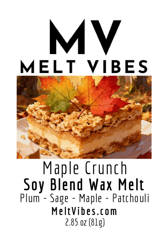 "Maple Crunch wax melt label with dessert image, autumn leaves, and scent notes: plum, sage, maple."