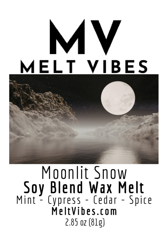 Logo with "MV Melt Vibes" text, moonlit snowy landscape, product info on soy wax melt.