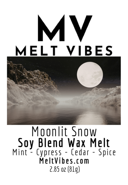 Logo with "MV Melt Vibes" text, moonlit snowy landscape, product info on soy wax melt.