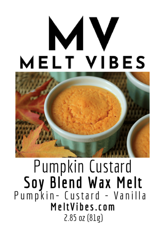 "Orange wax melts in green cups on a wicker mat with fall leaves; text reads 'MV Melt Vibes.'"