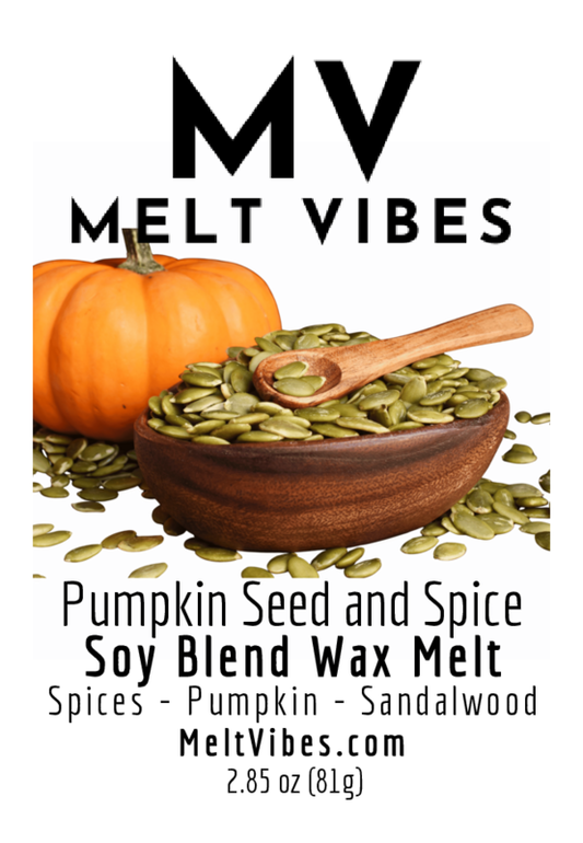 Pumpkin and seeds with a wooden bowl and spoon. Text reads "Melt Vibes: Pumpkin Seed and Spice."