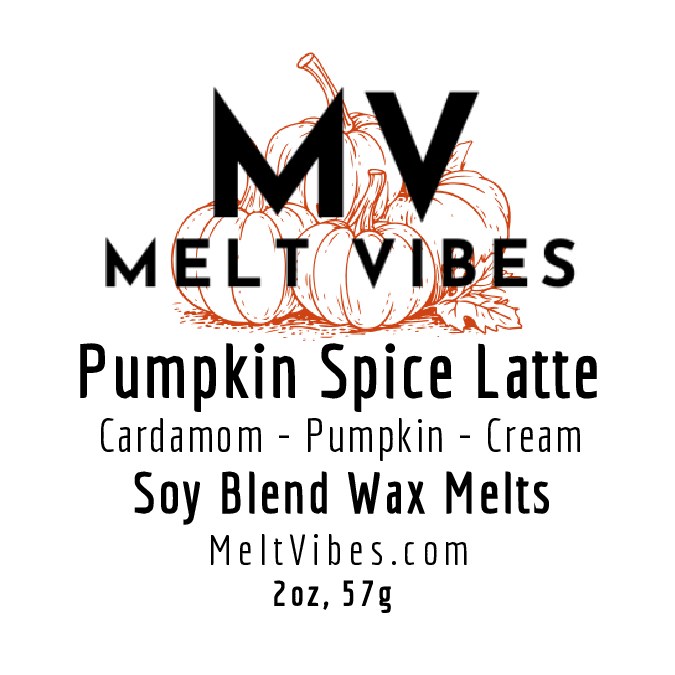Stylized pumpkin art behind "MV Melt Vibes" text for Pumpkin Spice Latte soy wax melts.