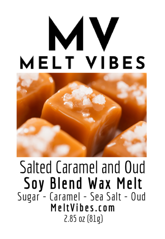 Close-up of caramel squares topped with sea salt, text reads "MV Melt Vibes Soy Blend Wax Melt."