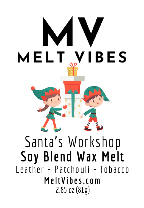 Label with "MV Melt Vibes," two elves, gift chimney, and text "Santa's Workshop Soy Blend Wax Melt."