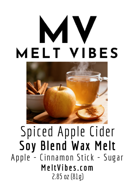 Apple, cinnamon sticks, and cider on a wooden board; text: Spiced Apple Cider Soy Blend Wax Melt.