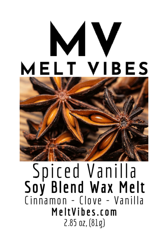 Star anise with bold black "MV Melt Vibes" text above. Labels read "Spiced Vanilla Wax Melt."