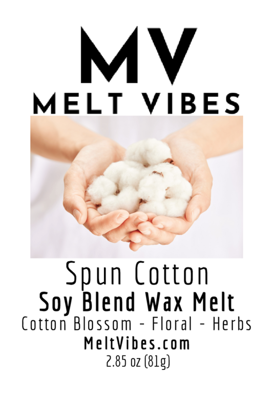 Hands holding cotton against a white background. Text: "MV Melt Vibes, Spun Cotton Wax Melt."