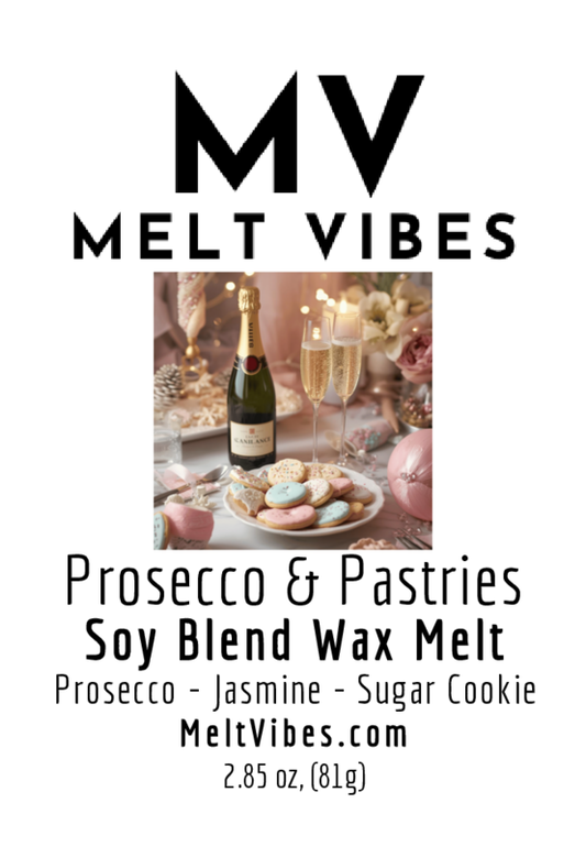 "Label with 'MV Melt Vibes,' champagne, pastries, and text 'Prosecco & Pastries Soy Blend Wax Melt.'"