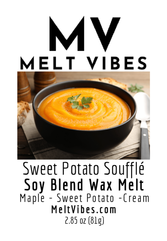 Black bowl with orange soufflé and garnish; text reads "Melt Vibes, Sweet Potato Soufflé Wax Melt."