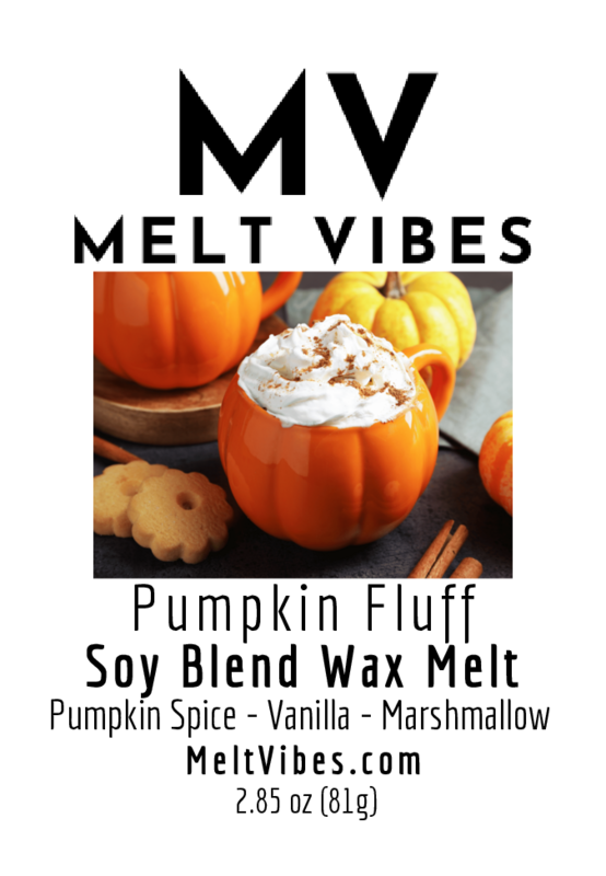 Orange pumpkin mug with whipped topping, surrounded by pumpkins and cookies; text reads "Melt Vibes."
