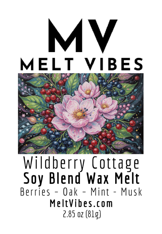 Pink flowers and red berries with green leaves, labeled "Wildberry Cottage Soy Blend Wax Melt."