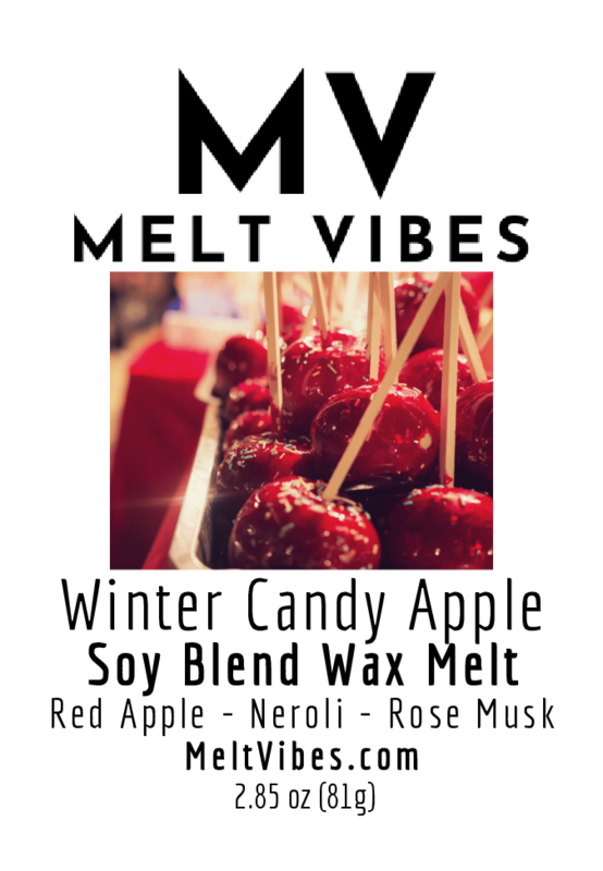 MV Melt Vibes label with red candy apples and text about Winter Candy Apple wax melt.