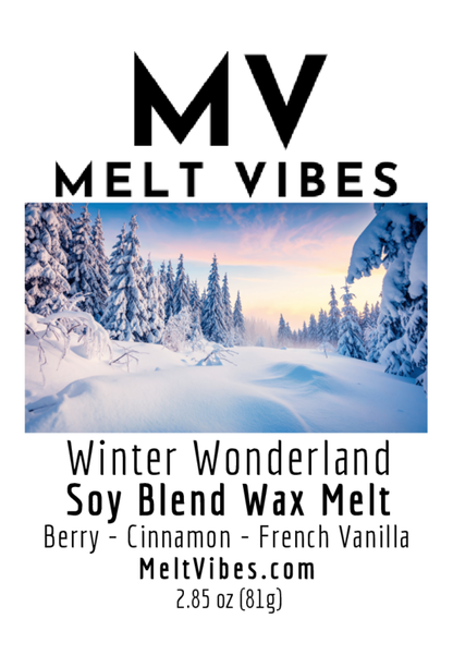 Snowy forest at sunset with text: "Melt Vibes Winter Wonderland Soy Blend Wax Melt, Berry-Cinnamon-Vanilla."