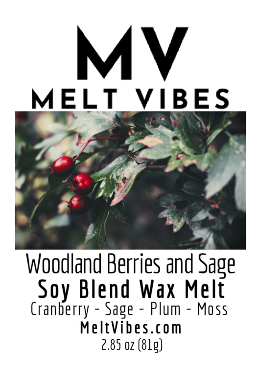 Close-up of berries and leaves, text reads "Melt Vibes, Woodland Berries and Sage Soy Blend Wax Melt."
