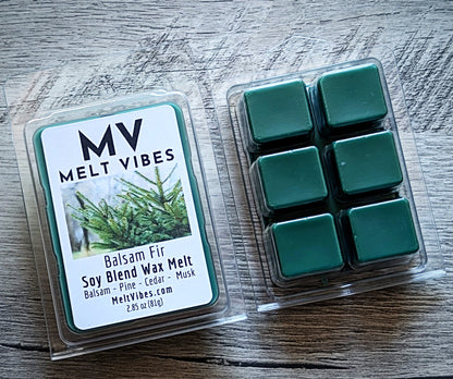 Melt Vibes Balsam Fir wax melts packaging on a wooden surface