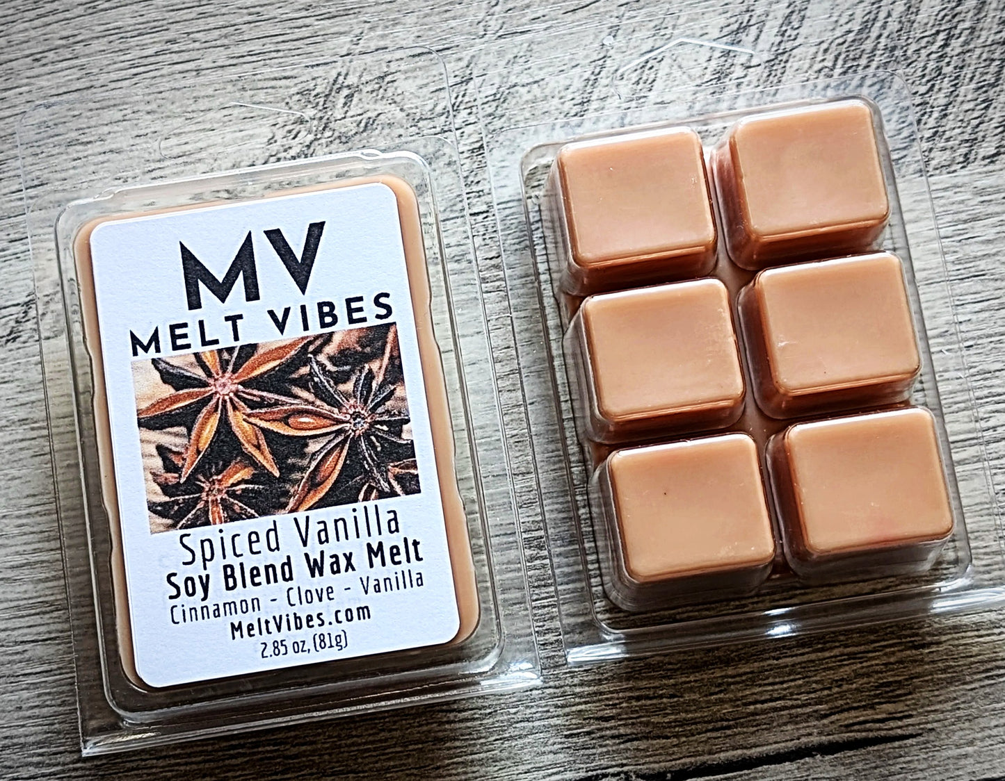 Melt Vibes spiced vanilla wax melts packaging on a wooden surface