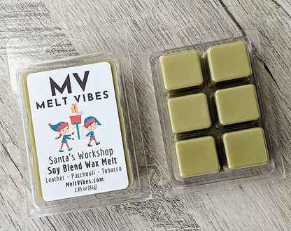 Wax melt packaging with 'Melt Vibes' label on a wooden surface