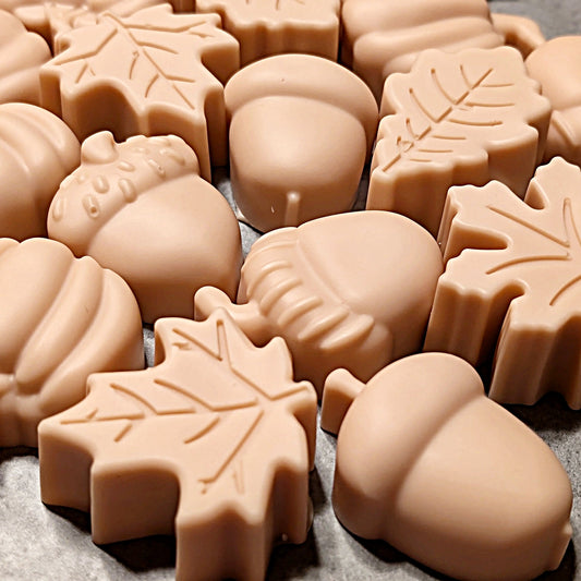 Assorted wax melt shapes including leaves and acorns on a gray surface