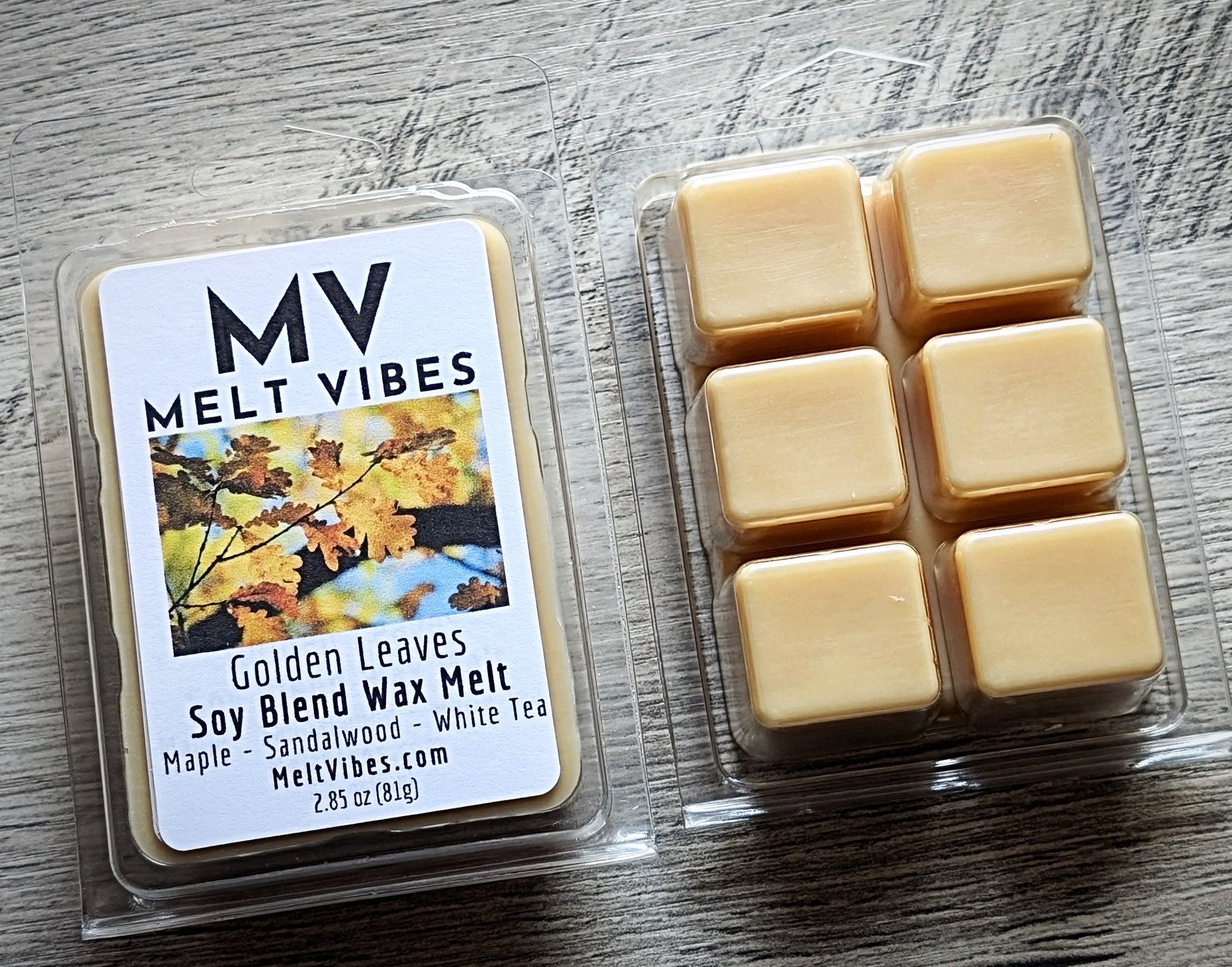 Melt Vibes Golden Leaves soy blend wax melts packaging on a wooden surface