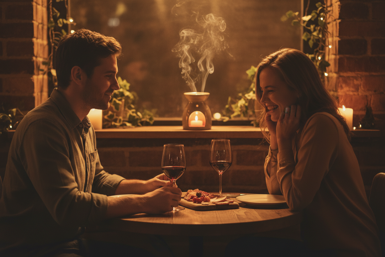show a couple out on a date, with mood lighting and a wax warmer in the backgrokund